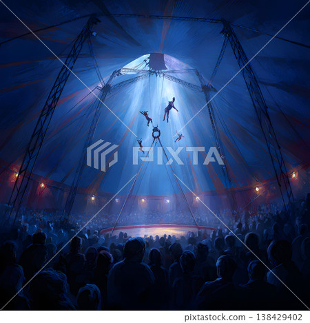 一幅插圖描繪了一位馬戲團表演者在聚光燈下展示空中飛人表演的場景。 138429402