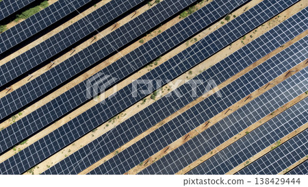 Top down aerial view of diagonal solar panel rows Top down aerial view of diagonal solar panel rows 138429444