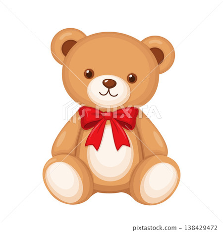 Cute Teddy Bear with Red Ribbon Cartoon Toy Vector Illustration 138429472