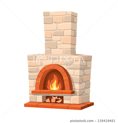 Cute Stone Brick Fireplace Cartoon Vector Illustration 138429481