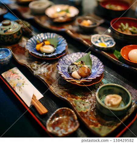 An overhead view of a high-class kaiseki meal served in beautiful tableware. 138429582