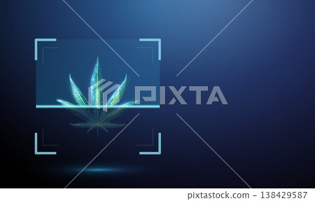 3d cannabis leaf inside digital scanning frame. Cannabis analysis, plant identification, quality control, laboratory testing, chemical composition detection concept. 138429587