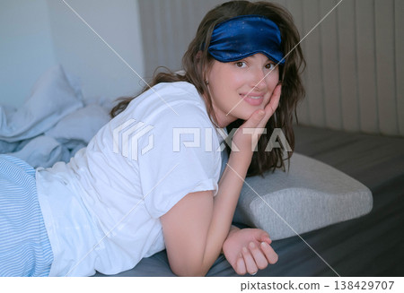 Sleep mask and ergonomic pillow support quality rest helping create conditions for full relaxation and body recovery sleep comfort Sleep mask and ergonomic pillow support quality rest helping create conditions for full relaxation and body recovery sleep comfort 138429707