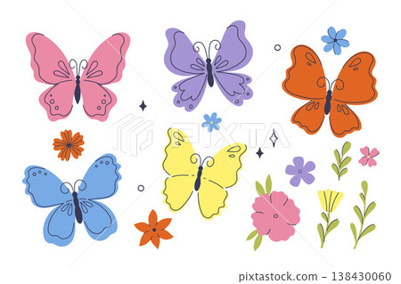 Set of multicolored butterflies and flowers. Vector graphics. 138430060