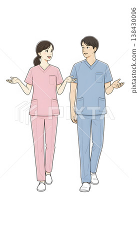 A full-body illustration of a male and female nurse walking side-by-side (simple, hand-drawn style). 138430096