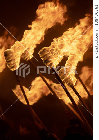 Chijiwa Cherry Blossom Fire Festival: A nighttime fire festival where torches burn brightly. Chijiwa Cherry Blossom Fire Festival: A nighttime fire festival where torches burn brightly. 138430361