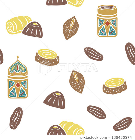 Turkish traditional dessert and coffee cup. Hand drawn vector seamless pattern flat. For cookbooks designs,oriental coffee houses and dishware, tableware textile fabric, holidays, postcards banners. 138430574