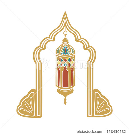 Turkish traditional mosaic lamp in golden arch. Hand drawn vector illustration flat. For interior designs magazines, oriental coffee house and parties, holidays, greeting cards banners clip arts. 138430582