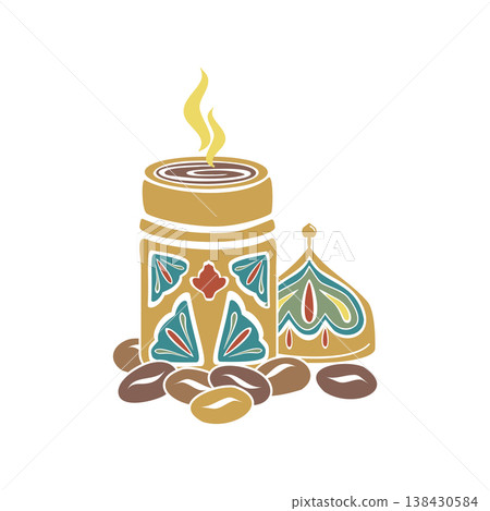Turkish traditional coffee cup, roasted Arabica beans. Hand drawn vector illustration flat. For cookbooks designs magazines, oriental coffee houses and dishware, holidays postcards banners clip arts. Turkish traditional coffee cup, roasted Arabica beans. Hand drawn vector illustration flat. For cookbooks designs magazines, oriental coffee houses and dishware, holidays postcards banners clip arts. 138430584