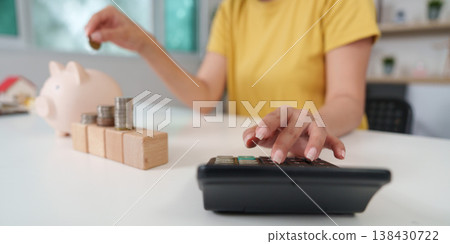 Budgeting and saving money with a calculator and piggy bank 138430722