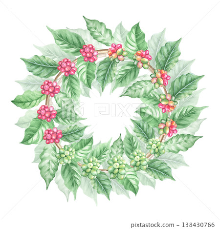 A watercolor round frame featuring a coffee plant branch with green leaves and ripe red berries. A lush wreath depicts ripening coffee beans. A hand-drawn botanical illustration and text template. A watercolor round frame featuring a coffee plant branch with green leaves and ripe red berries. A lush wreath depicts ripening coffee beans. A hand-drawn botanical illustration and text template. 138430766