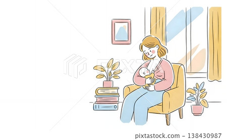 一幅溫馨的插圖，描繪了一位母親在房間裡溫柔地為寶寶哺乳。 138430987