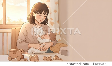 一幅溫馨的插圖，描繪了一位母親在房間裡溫柔地為寶寶哺乳。 138430990