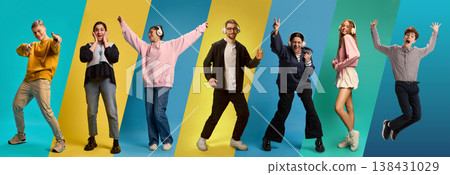 Group of young people dancing on colorful background collage full body motion. Banner Group of young people dancing on colorful background collage full body motion. Banner 138431029