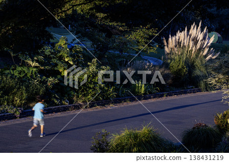 一個男孩獨自走回家,一路小跑,初秋的夕陽給了他一絲動力。 一個男孩獨自走回家,一路小跑,初秋的夕陽給了他一絲動力。 138431219