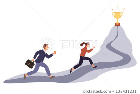 Business man and woman run toward summit with trophy cup. People striving to their goal. Overcoming obstacles. Challenge reward. Colleagues rivalry. Businessmen running. Vector concept Business man and woman run toward summit with trophy cup. People striving to their goal. Overcoming obstacles. Challenge reward. Colleagues rivalry. Businessmen running. Vector concept 138431231