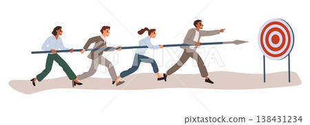 Business team of men and women carries spear toward goal. Competition mission. Direction of company to success. Successful teamwork. Colleagues group aiming to target. Vector concept Business team of men and women carries spear toward goal. Competition mission. Direction of company to success. Successful teamwork. Colleagues group aiming to target. Vector concept 138431234