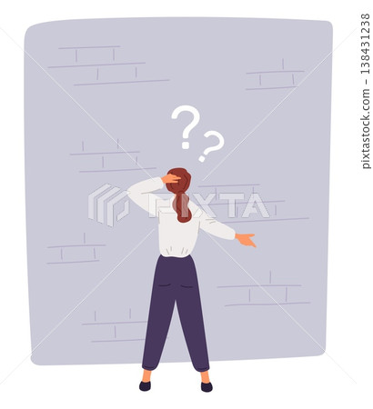 Businesswoman stands pensively in front of large brick wall. Obstacle in her path. Difficulties in business. Thoughtful woman. Questions and doubts. Business crisis. Vector concept Businesswoman stands pensively in front of large brick wall. Obstacle in her path. Difficulties in business. Thoughtful woman. Questions and doubts. Business crisis. Vector concept 138431238