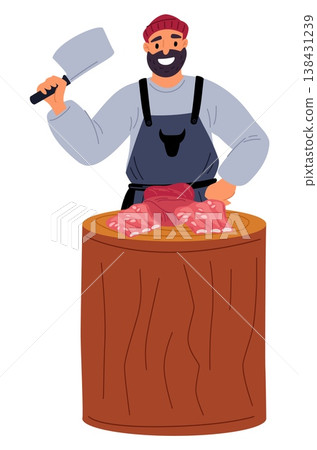 Butcher cuts pieces of fresh meat with knife on wooden table. Man in apron with knife. Butchery worker chopping tenderloin and sirloin. Uncooked delicatessen fillet. Vector concept 138431239