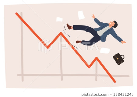Frightened businessman falls from declining graph. Investment chart. Lose money. Infograph representing market crash. Financial crisis or recession. Business failure. Vector concept Frightened businessman falls from declining graph. Investment chart. Lose money. Infograph representing market crash. Financial crisis or recession. Business failure. Vector concept 138431243