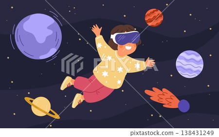 Girl wearing virtual reality glasses flies through space among planets. Stars and comets. People using technology for learning and entertainment. VR interactive simulator. Vector concept Girl wearing virtual reality glasses flies through space among planets. Stars and comets. People using technology for learning and entertainment. VR interactive simulator. Vector concept 138431249