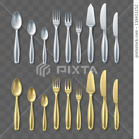 Gold and silver cutlery. Realistic spoons. Clean metallic forks and knives on transparent background. Dinner serving objects. Stainless teaspoon or tablespoon. 3D silverware vector set Gold and silver cutlery. Realistic spoons. Clean metallic forks and knives on transparent background. Dinner serving objects. Stainless teaspoon or tablespoon. 3D silverware vector set 138431252