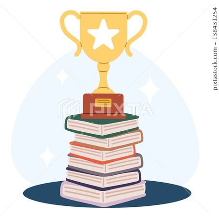 Golden trophy cup stands on stack of books. Representing acquisition of knowledge for success and victory. Education achievement. Literature contest. Award on textbooks. Vector concept Golden trophy cup stands on stack of books. Representing acquisition of knowledge for success and victory. Education achievement. Literature contest. Award on textbooks. Vector concept 138431254