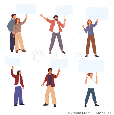 Group of young men and women holding posters. Advertising and announce banners. People showing boards. Activists standing with info placards. Demonstration messages. Protesters vector set 138431255