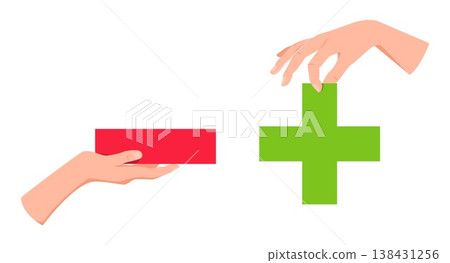 Hands holding plus and minus signs. Pros and cons. Positive and negative arguments. Rejection and permission. Math calculation. Choice checkmark. Mathematical symbols vector concept Hands holding plus and minus signs. Pros and cons. Positive and negative arguments. Rejection and permission. Math calculation. Choice checkmark. Mathematical symbols vector concept 138431256