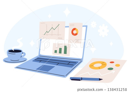 Laptop with growth charts or pie graphs. Data analysis. Investment financial reports. Office workplace. Computer screen and keyboard. Project document. Information analytic. Vector concept 138431258