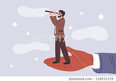 Large hand holds man with spyglass. Businessman looking through telescopes into future. Learning support. Business helping arm. Vector concept of assistance to broaden ones horizons 138431259