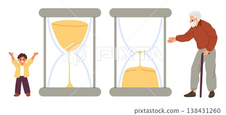 Little boy and old man next to hourglass. Beginning and end of life. Ageing process. Time for elderly grandparent and young child. Lifetime clock. Countdown to death. Vector concept 138431260