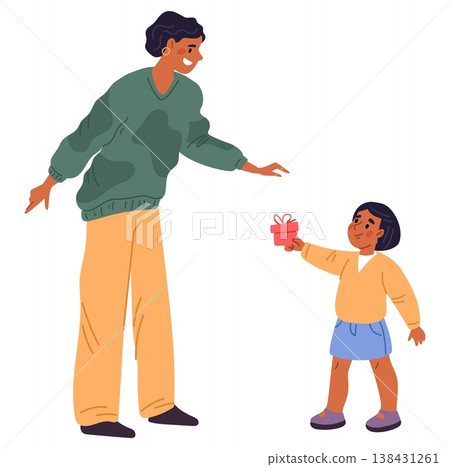 Little girl gives parent gift on Mothers Day or her birthday. Happy mom receiving present box. Holiday celebration. Kids surprise for family. Daughter congratulating woman. Vector concept Little girl gives parent gift on Mothers Day or her birthday. Happy mom receiving present box. Holiday celebration. Kids surprise for family. Daughter congratulating woman. Vector concept 138431261