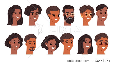 Male and female faces with dark skin and hair. People attractive portraits. Brunette hairstyle. Man with beard and mustache. Woman hairdo. Persons smile. Vector set of avatar characters Male and female faces with dark skin and hair. People attractive portraits. Brunette hairstyle. Man with beard and mustache. Woman hairdo. Persons smile. Vector set of avatar characters 138431263