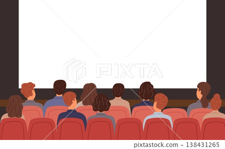 Men and women sitting in movie theater with blank screen. Cinema audience. Auditorium seats back view. Performance hall. Concert armchairs. People watch film. Vector theatre spectators Men and women sitting in movie theater with blank screen. Cinema audience. Auditorium seats back view. Performance hall. Concert armchairs. People watch film. Vector theatre spectators 138431265