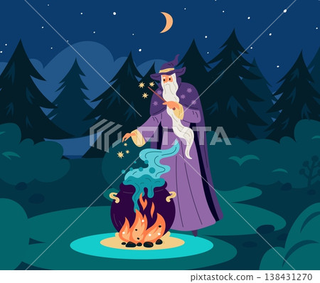 Old wizard prepares magic potion in large cauldron in middle of forest at night. Magical elixir. Fairytale warlock. Cartoon sorcerer. Mystic ritual in dark. Vector witchcraft concept 138431270