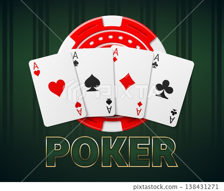 Realistic casino advertising template with poker cards and chips. Betting jackpot tokens. Gaming spade ace. Blackjack winning. Fortune game. Roulette wager coins. Vector gambling banner 138431271