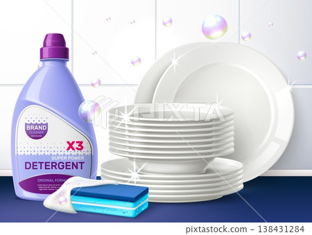 Realistic stack of clean shiny plates. Dishwashing cleanser. Plastic bottle of detergent and foamy sponge. Housekeeping soap. Cleaning product advertising poster design vector template 138431284