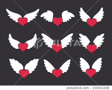 Red hearts with angelic white wings. Spirit in heaven. Love flight in sky. Valentine lovely romance. Hope and kindness. Spiritual compassion. Cupid amour. Passion symbols vector set Red hearts with angelic white wings. Spirit in heaven. Love flight in sky. Valentine lovely romance. Hope and kindness. Spiritual compassion. Cupid amour. Passion symbols vector set 138431286
