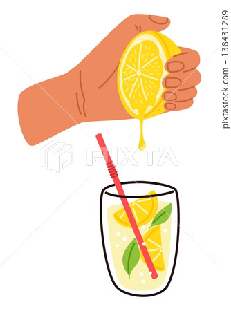 Squeeze half lemon into glass of water. Make healthy drink with citrus juice. Refreshing sour ice cocktail. Summer juicy fruit beverage. Mojito glass with straw and mint. Vector concept Squeeze half lemon into glass of water. Make healthy drink with citrus juice. Refreshing sour ice cocktail. Summer juicy fruit beverage. Mojito glass with straw and mint. Vector concept 138431289