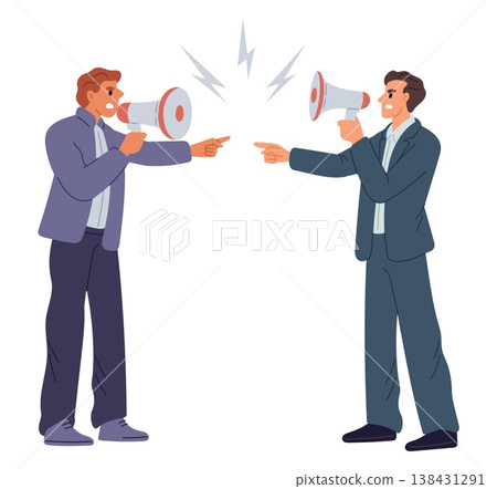 Two businessmen arguing with each other using megaphones. Business conflict. People hold loudspeakers. Difference of opinion. Demonstration activist. Promoters speech. Vector concept Two businessmen arguing with each other using megaphones. Business conflict. People hold loudspeakers. Difference of opinion. Demonstration activist. Promoters speech. Vector concept 138431291