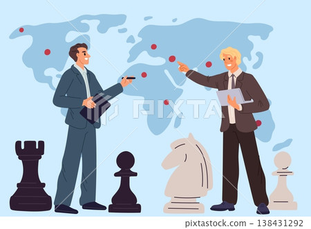Two businessmen develop and discuss international business strategy against backdrop of world map and chess pieces. Project discussion. Negotiation about partnership. Vector concept 138431292