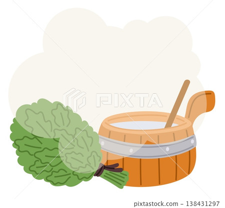 Wooden bucket with hot water and birch or oak leaf broom for bathing rituals or saunas. Spa wellness. Washing procedure. Heat steam for relaxation. Traditional banya. Vector concept Wooden bucket with hot water and birch or oak leaf broom for bathing rituals or saunas. Spa wellness. Washing procedure. Heat steam for relaxation. Traditional banya. Vector concept 138431297