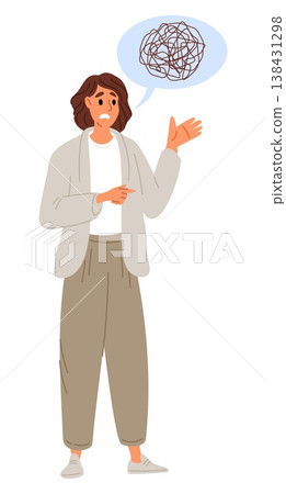Young woman experiences difficulties with pronunciation and diction. Mental disorder and communication problems. Girl suffers from disorientation. People misunderstanding. Vector concept Young woman experiences difficulties with pronunciation and diction. Mental disorder and communication problems. Girl suffers from disorientation. People misunderstanding. Vector concept 138431298