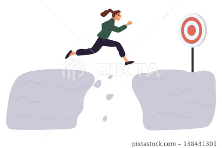 Young woman leaps across chasm. Businesswoman showing courage and willingness to take risks reach her goal. Overcome obstacles. Business target. Female jumping over hole. Vector concept Young woman leaps across chasm. Businesswoman showing courage and willingness to take risks reach her goal. Overcome obstacles. Business target. Female jumping over hole. Vector concept 138431301