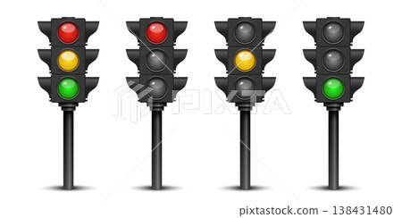 Vector 3d Traffic Light Set With Red Yellow Green Signals. Street Intersection Control Icons. Realistic 3d Stoplight on Pole. Road Safety Transportation Symbol 138431480