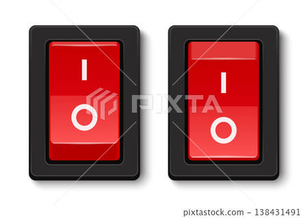 Vector 3d Red Rocker Power Switch Set. On and Off Toggle Button for Electricity Control Pane. Realistic 3d Electrical Switch Vector Illustration. Device Power Icons, Isolated Vector 3d Red Rocker Power Switch Set. On and Off Toggle Button for Electricity Control Pane. Realistic 3d Electrical Switch Vector Illustration. Device Power Icons, Isolated 138431491