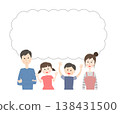 A family of four thinking with smiles on their faces. 138431500