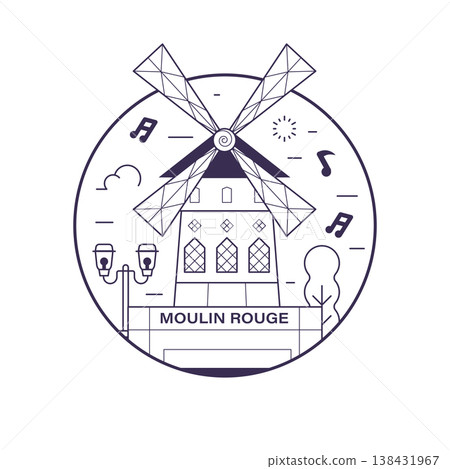 Moulin Rouge Windmill Paris Landmark Line Icon 138431967