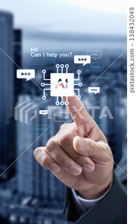 A hand interacting with a glowing AI icon and digital chat bubbles with the text Hi! Can I help you? against a blurred urban background representing virtual customer support A hand interacting with a glowing AI icon and digital chat bubbles with the text Hi! Can I help you? against a blurred urban background representing virtual customer support 138432049